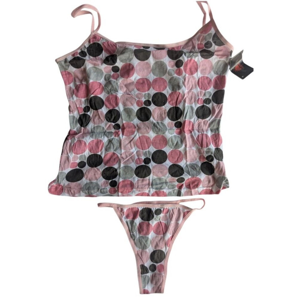 Dangerous Duds Women's Cami & Thong Set Size S Pink Gray Black Polka Dot Cot